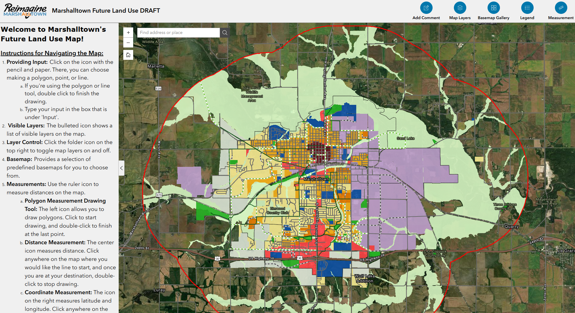 Draft Future Land Use Map of Marshalltown showing different land use categories represented by color across the city.