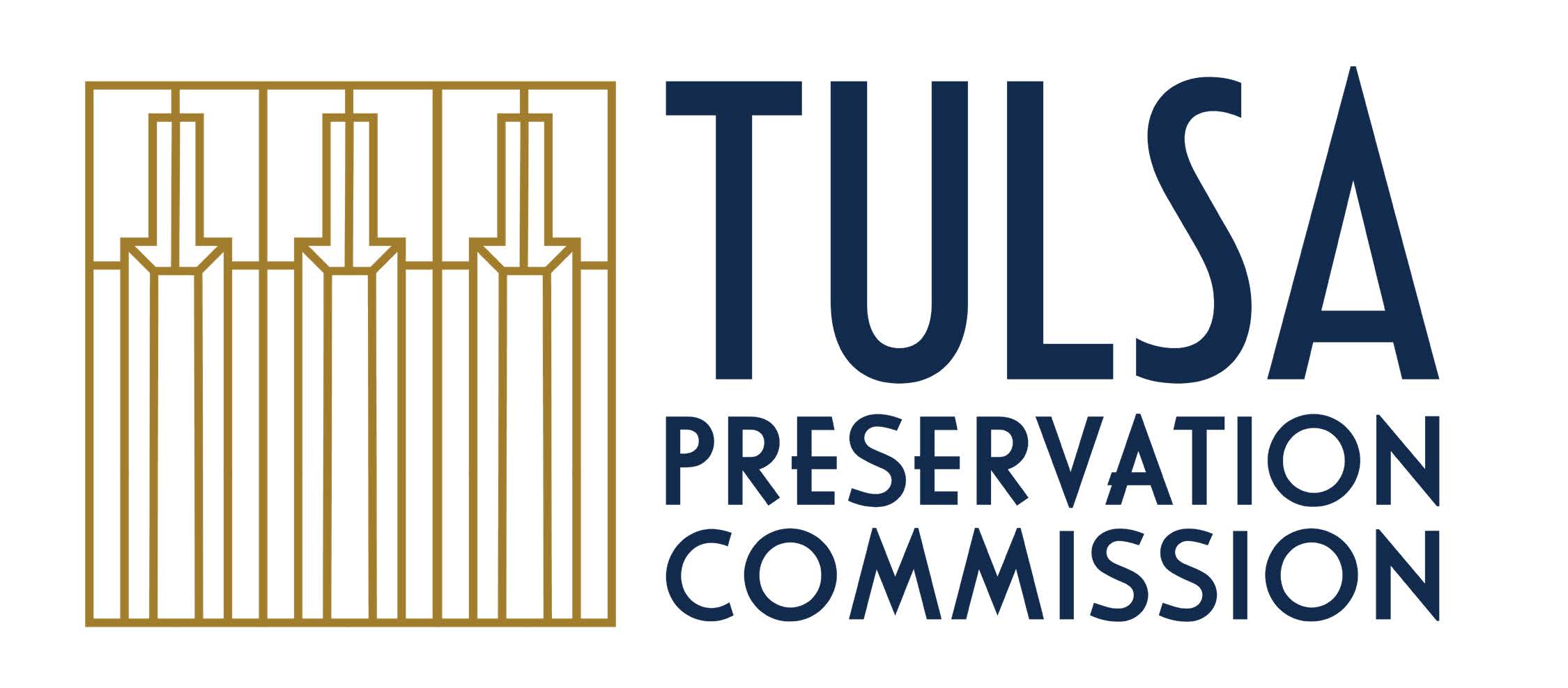 This is the Tulsa Preservation Commission logo. The logo features angular features in gold and navy blue text.