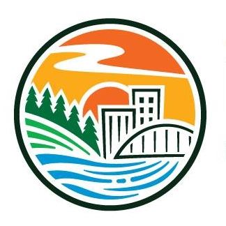 The logo for the City of Eau Claire is orange, yellow, green, and blue, and highlights the built and natural beauty of the city.